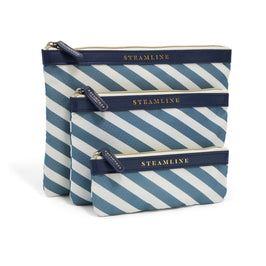 set of three blue stripe cosmetic cases