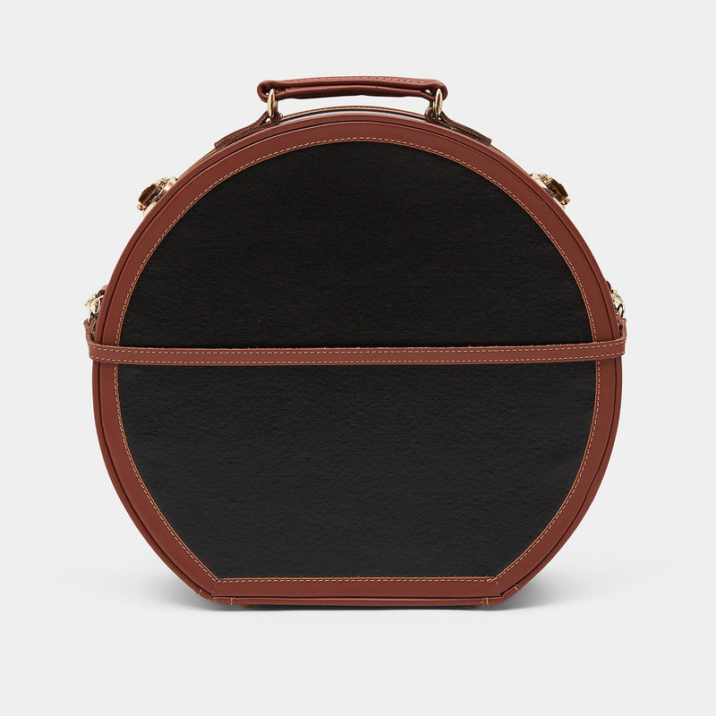 Back product view of the deluxe hatbox Diplomat leather suitcase in black with detachable suitcase strap