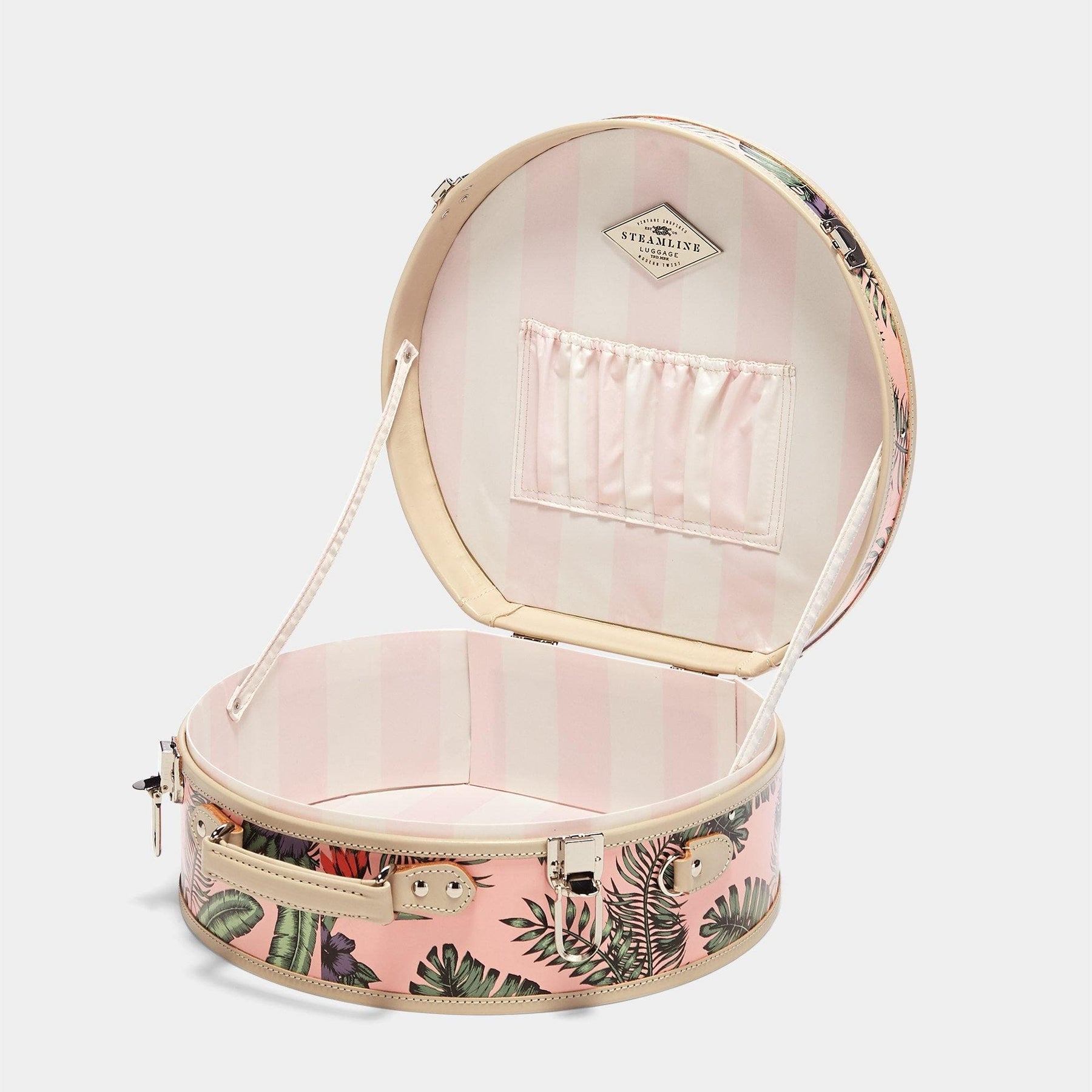 Open product view of the large hatbox Botanist fibreboard suitcase in pink with pink and ivory stripe printed lining
