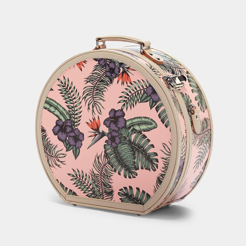 Angled product view of the large hatbox Botanist fibreboard suitcase in pink