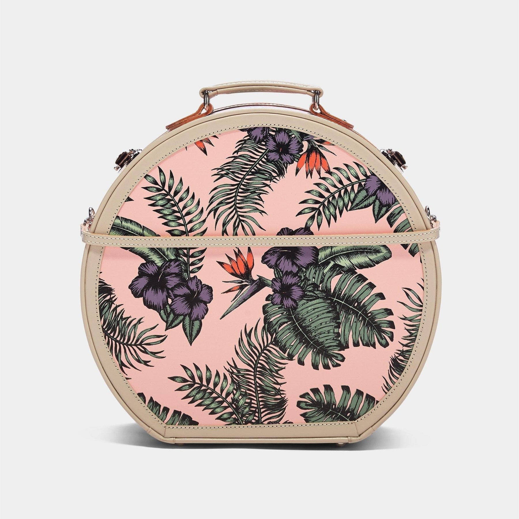Back product view of the large hatbox Botanist fibreboard suitcase in pink with detachable suitcase strap