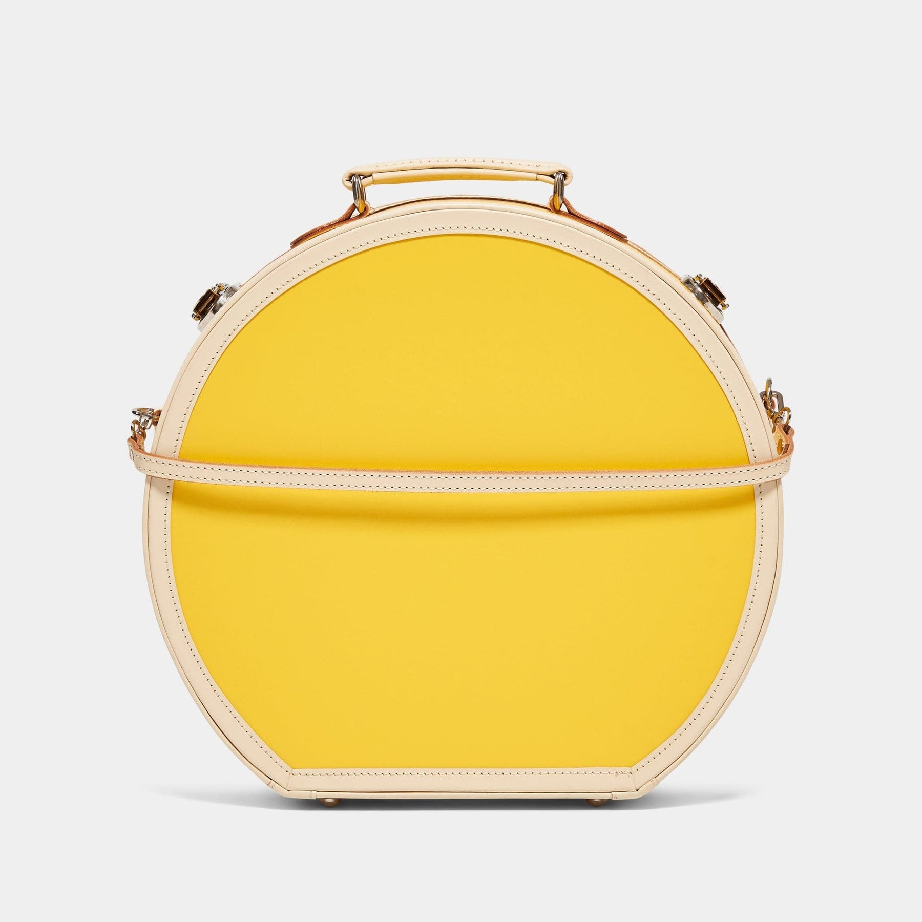 Back product view of the large hatbox Correspondent fibreboard suitcase in canary yellow with detachable suitcase strap