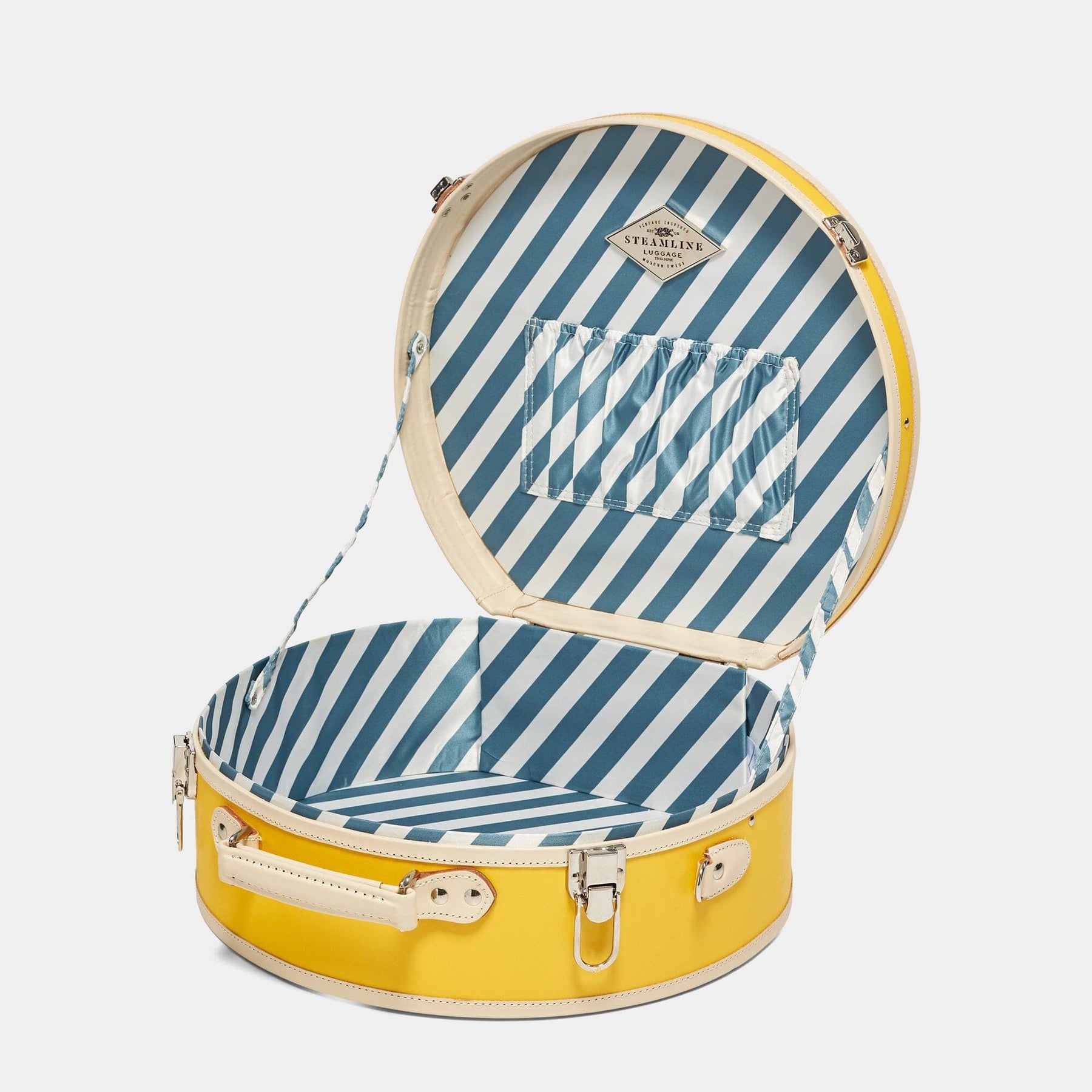 Open product view of the large hatbox Correspondent fibreboard suitcase in canary yellow with blue and white stripe print lining