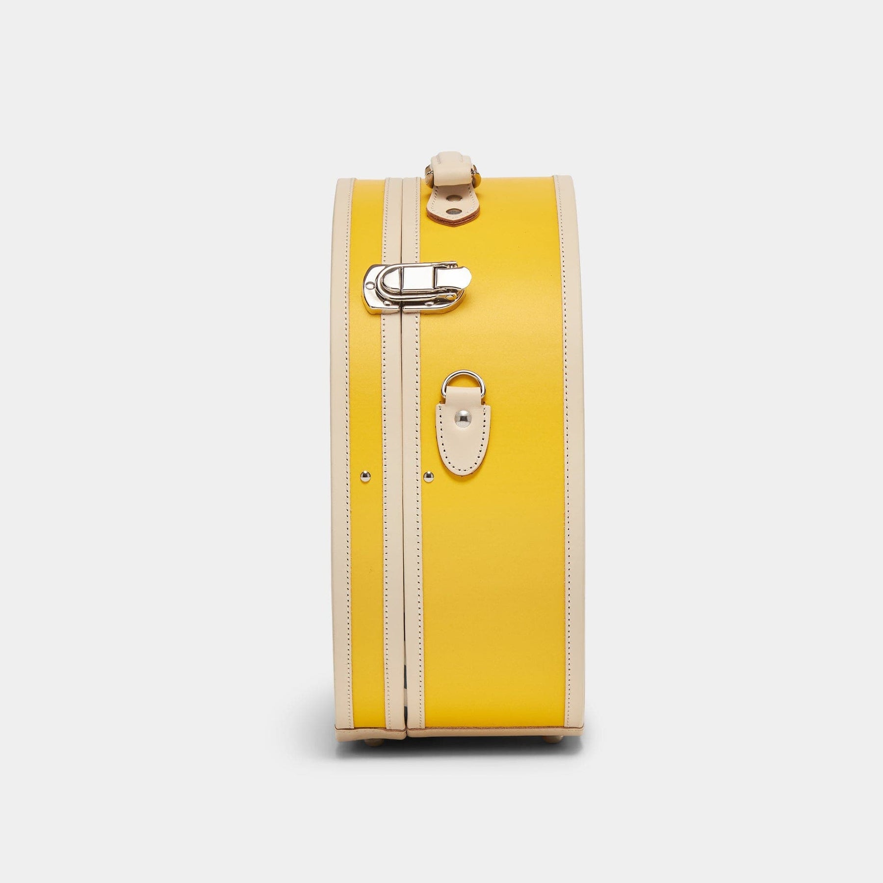 Side product view of the large hatbox Correspondent fibreboard suitcase in canary yellow
