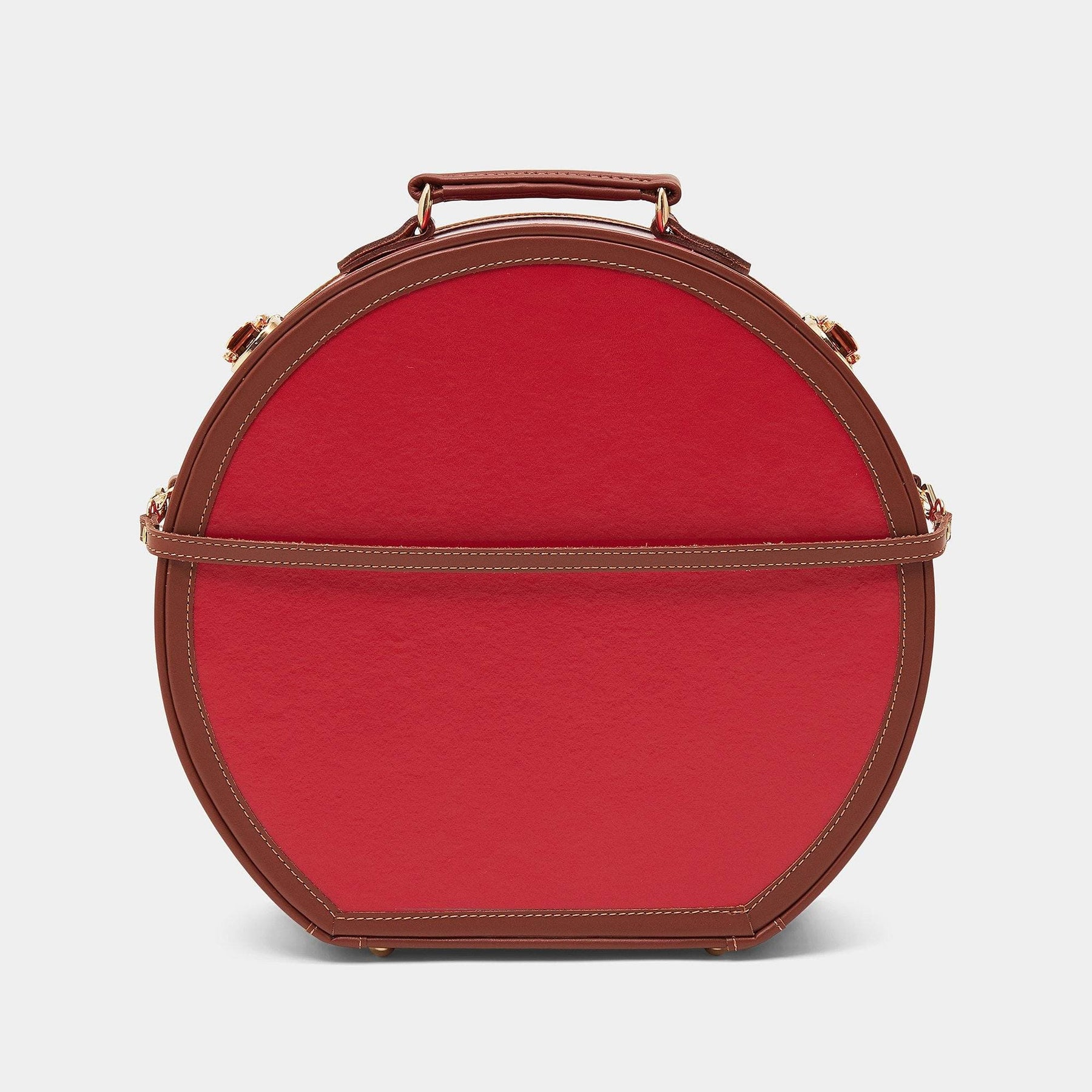 Back product view of the large hatbox Diplomat leather suitcase in red with detachable suitcase strap