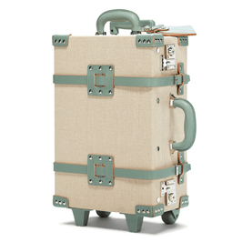 Angled product view of the carry-on Editor linen suitcase with sea green trims