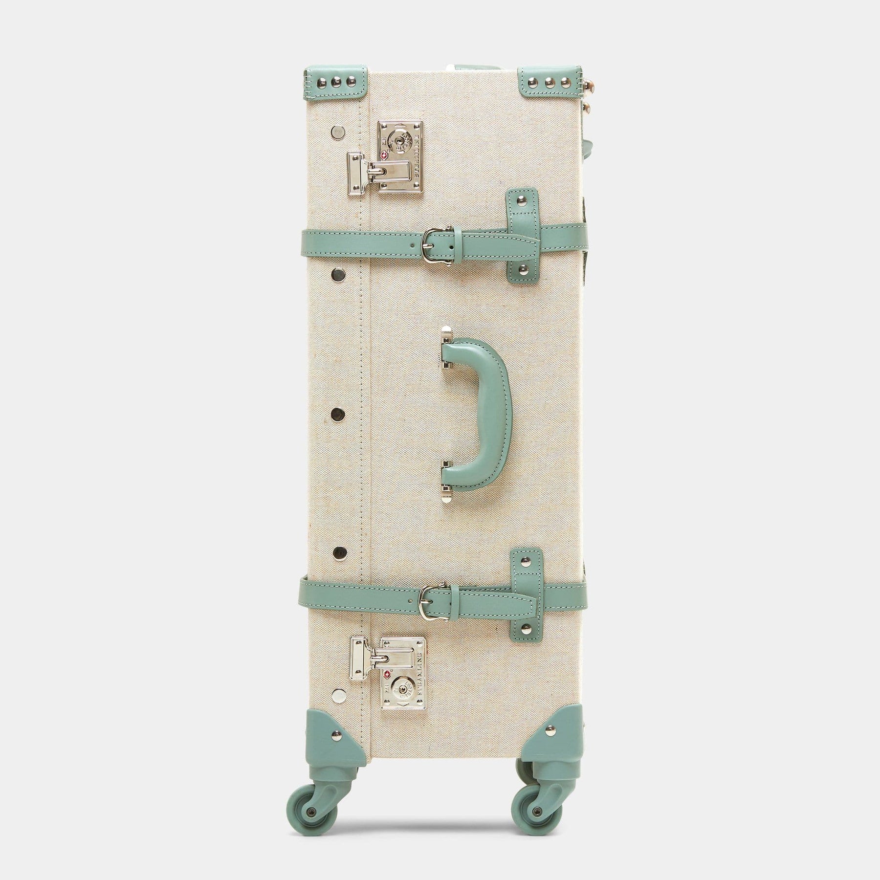 Side product view of the check-in spinner Editor linen suitcase with sea green trims