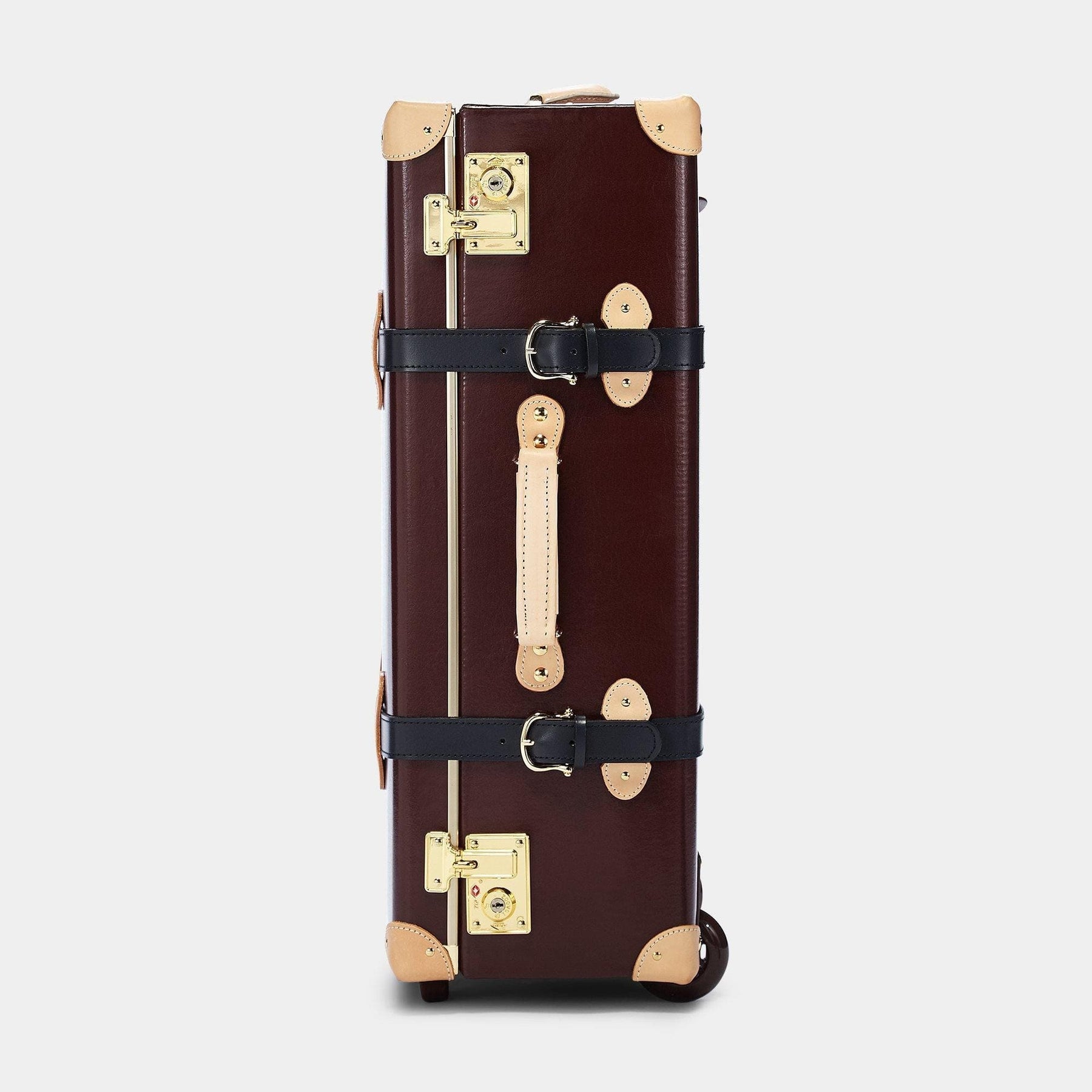 Side product view of the stowaway Architect leather suitcase in burgundy