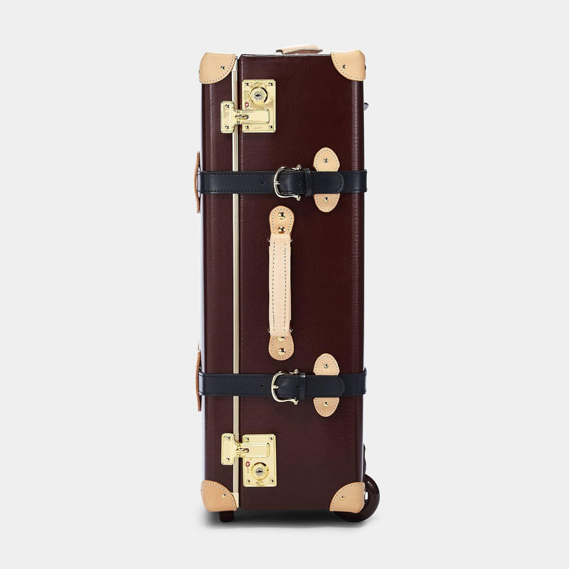 Side product view of the stowaway Architect leather suitcase in burgundy