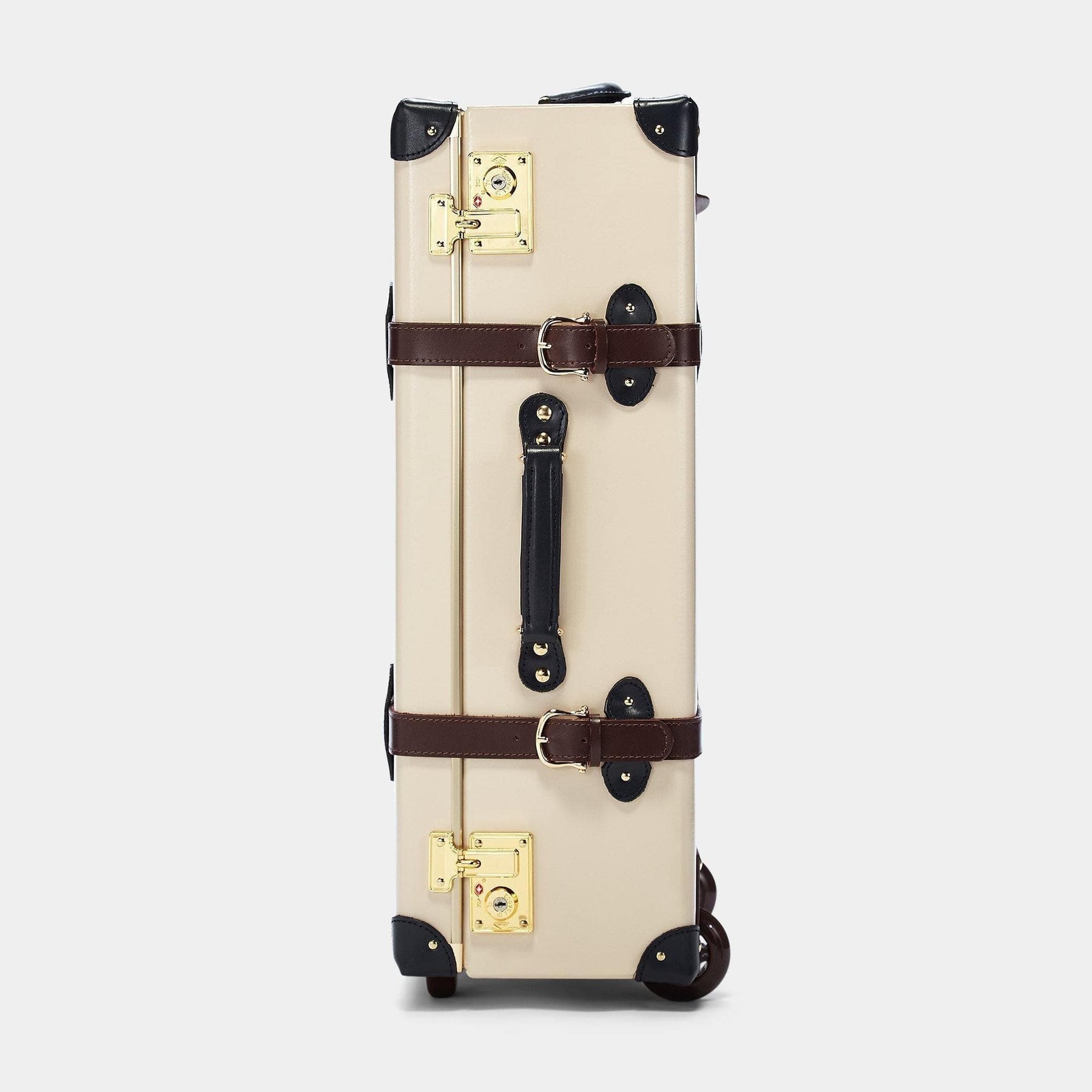 Side product view of the stowaway Architect leather suitcase in cream