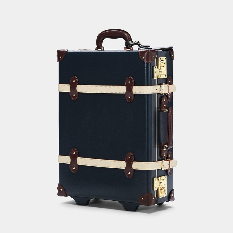 Angled product view of the carry-on Architect leather suitcase in navy