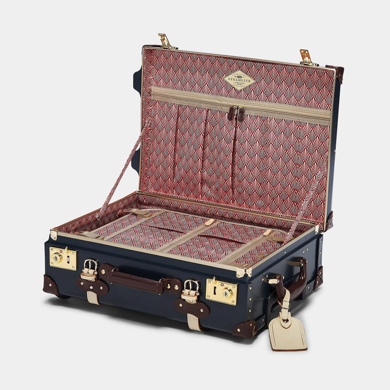 Open product view of the carry-on Architect leather suitcase in navy with art-deco printed lining