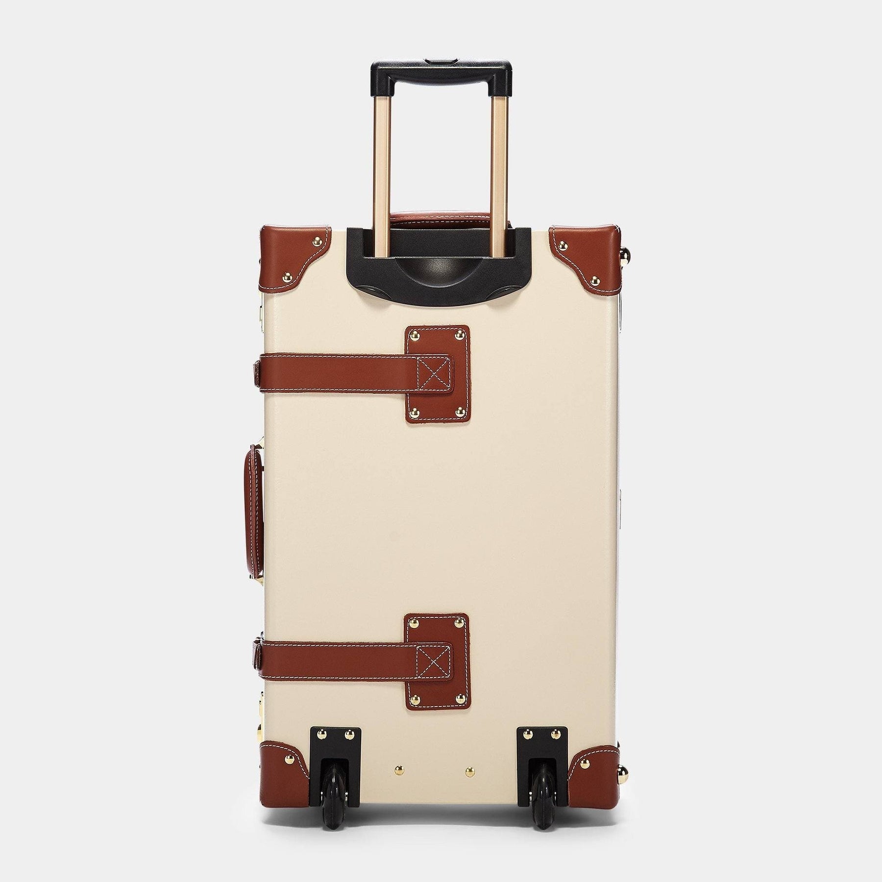 Back product view of the stowaway Diplomat leather suitcase in cream with raised handle