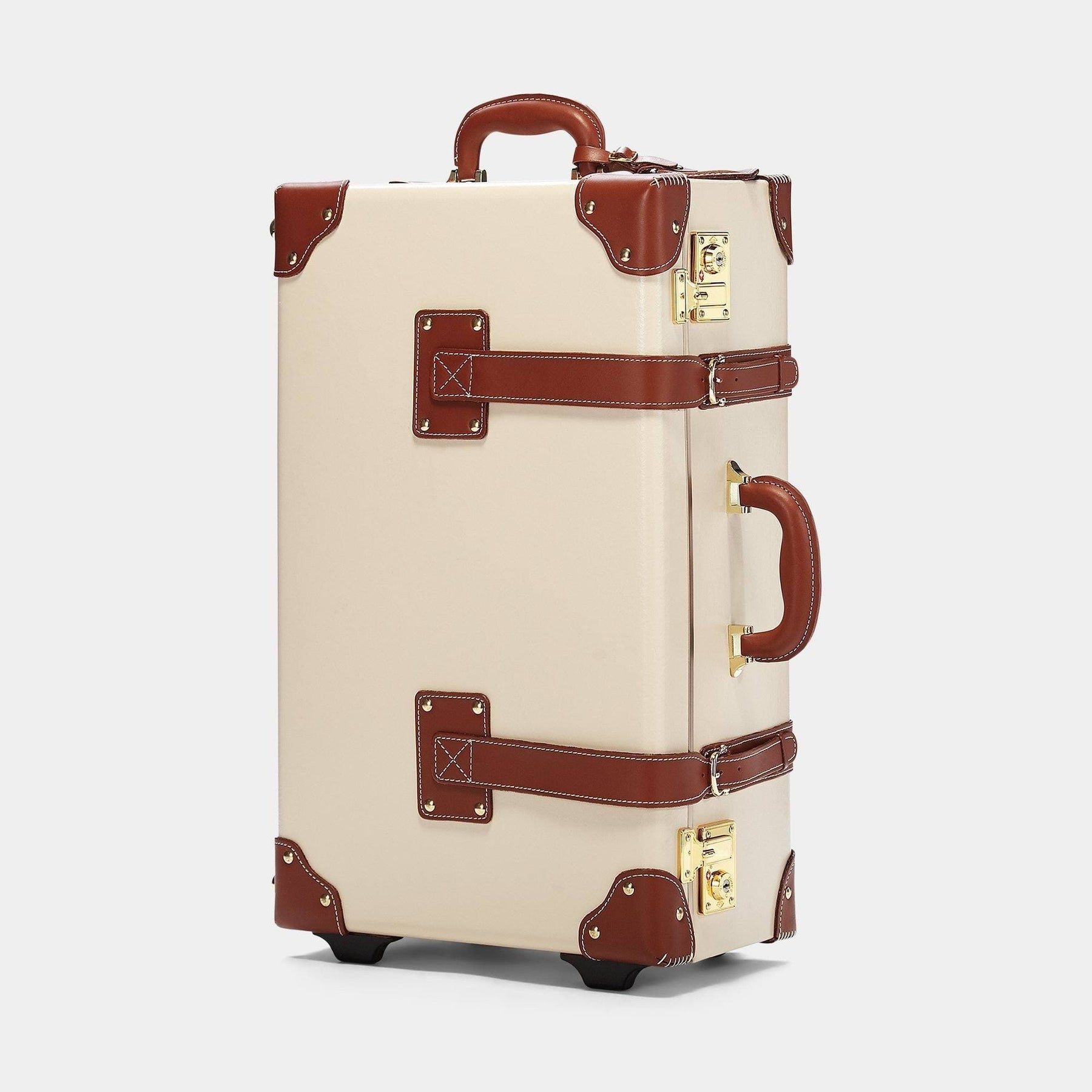 Angled product view of the stowaway Diplomat leather suitcase in cream