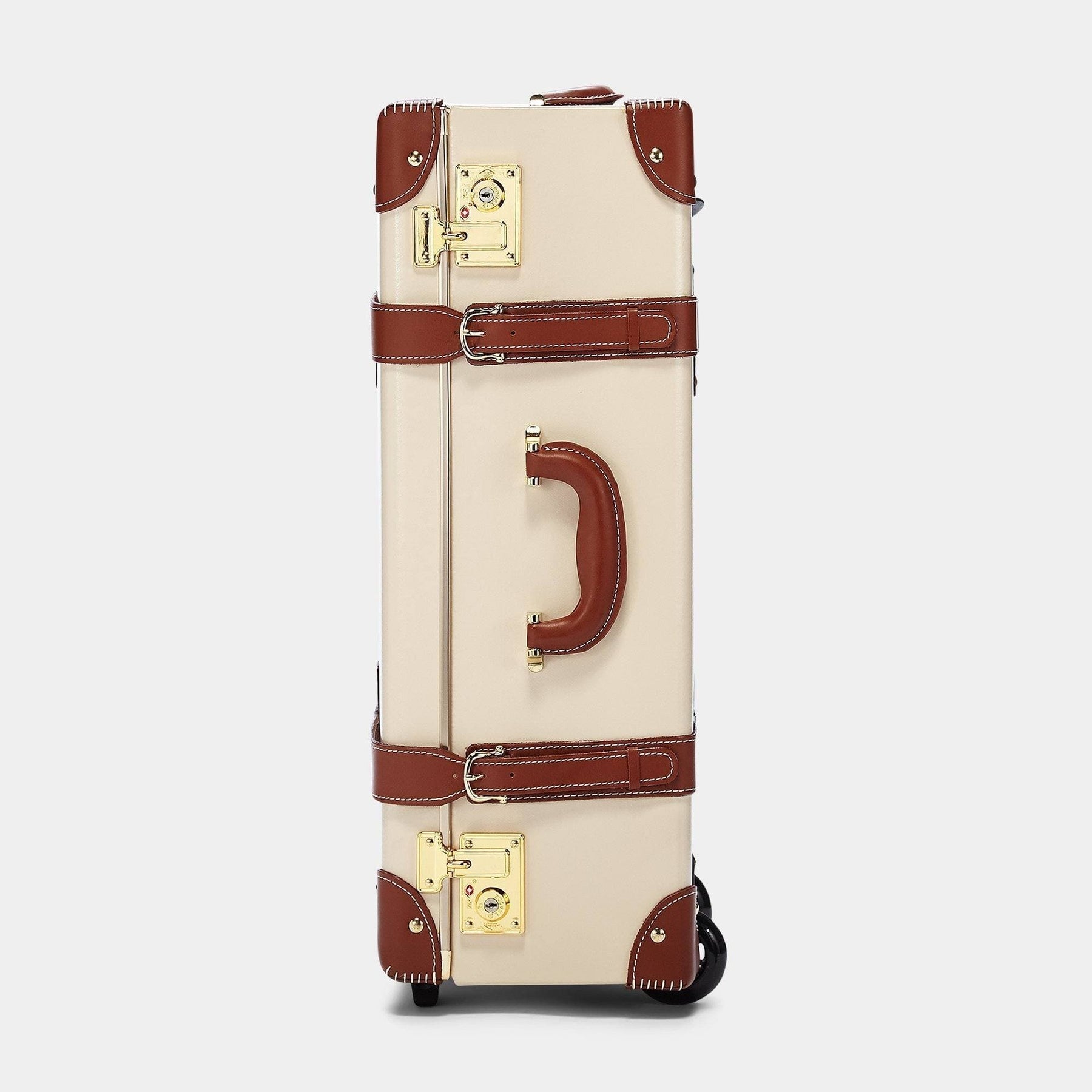 Side product view of the stowaway Diplomat leather suitcase in cream