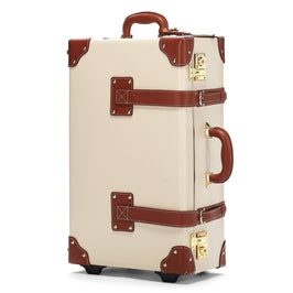 Angled product view of the stowaway Diplomat leather suitcase in cream