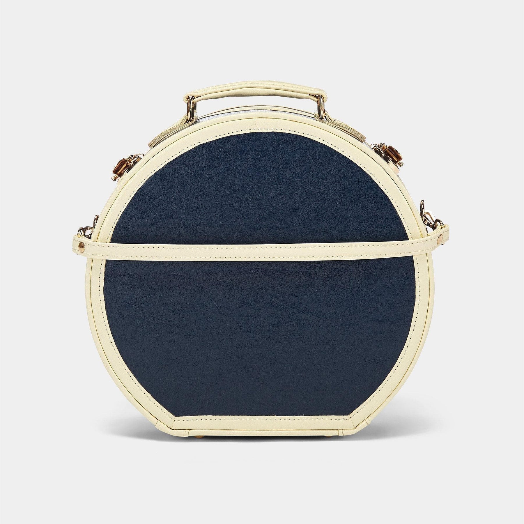 Back product view of the small hatbox Entrepreneur vegan leather suitcase in navy with detachable suitcase strap