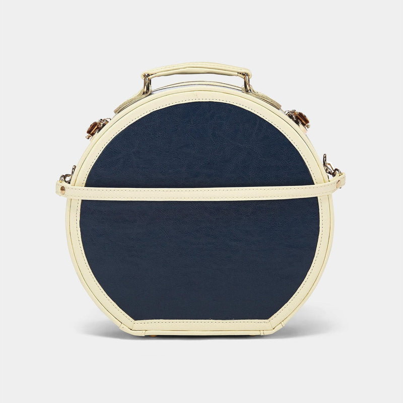 Back product view of the small hatbox Entrepreneur vegan leather suitcase in navy with detachable suitcase strap