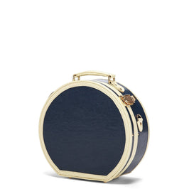 Angled product view of the small hatbox Entrepreneur vegan leather suitcase in navy