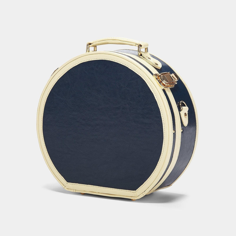 Angled product view of the small hatbox Entrepreneur vegan leather suitcase in navy
