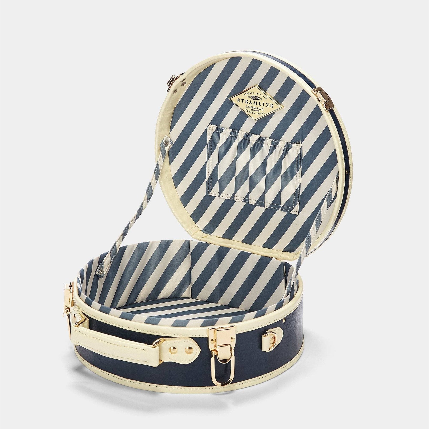 Open product view of the small hatbox Entrepreneur vegan leather suitcase in navy with blue-white stripe print lining