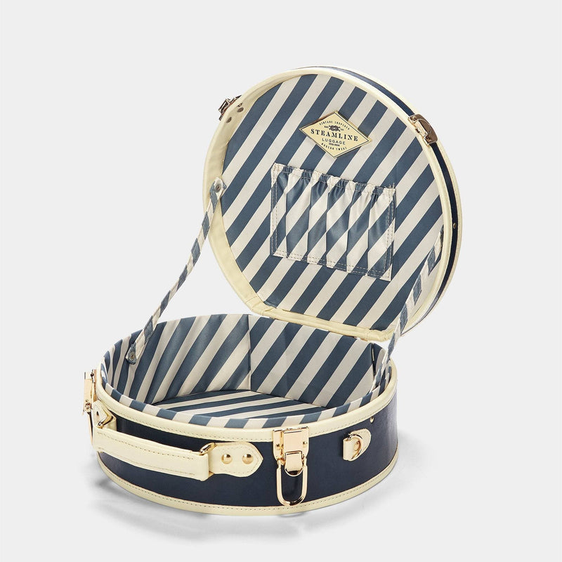 Open product view of the small hatbox Entrepreneur vegan leather suitcase in navy with blue-white stripe print lining