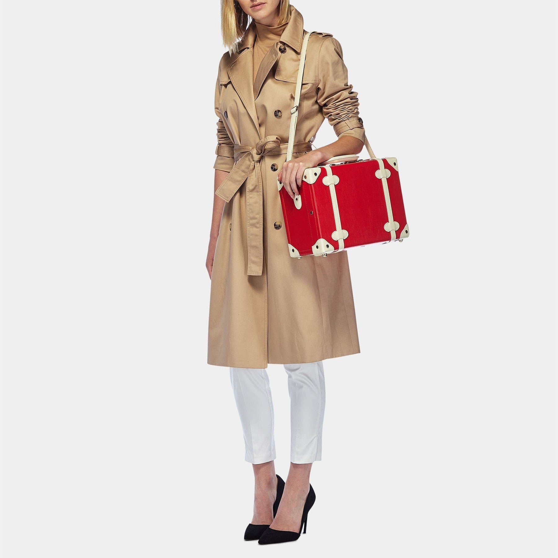 Model with the briefcase Entrepreneur vegan leather suitcase in lipstick red with shoulder attachment strap