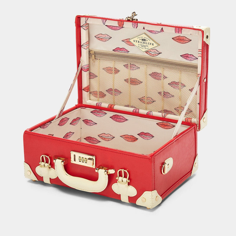 Open product view of the briefcase Entrepreneur vegan leather suitcase in lipstick red with lip print lining
