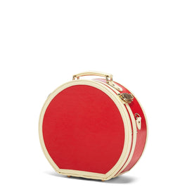 Angled product view of the small hatbox Entrepreneur vegan leather suitcase in lipstick red