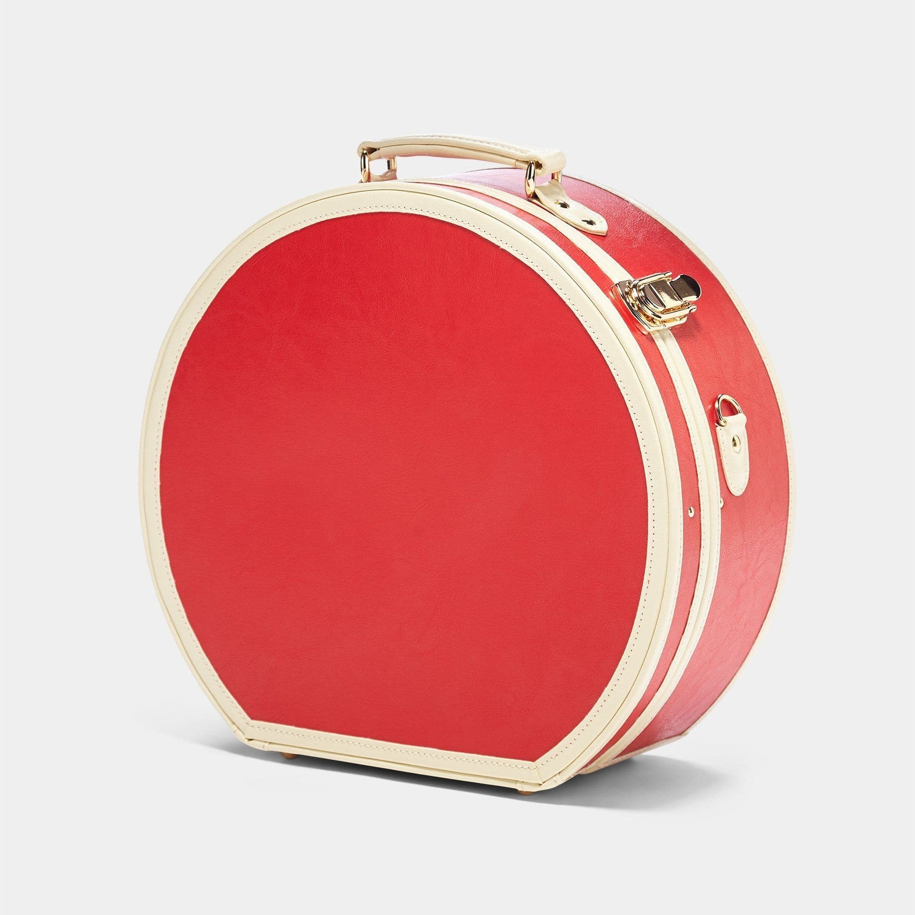 Angled product view of the large hatbox Entrepreneur vegan leather suitcase in lipstick red