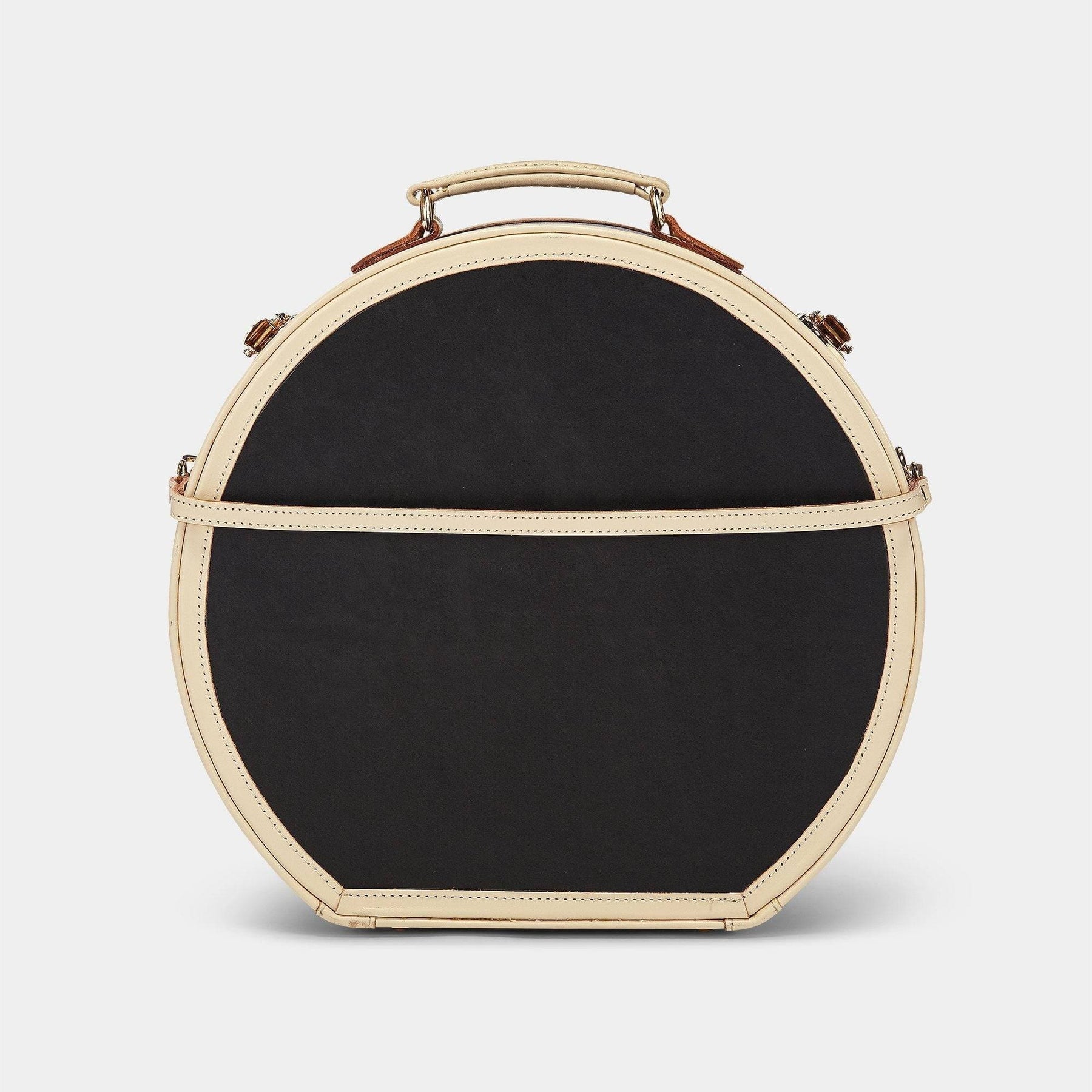 Product view of the large hatbox Starlet fibreboard suitcase in black with detachable suitcase strap