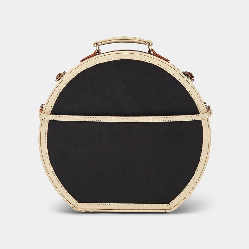 Product view of the large hatbox Starlet fibreboard suitcase in black with detachable suitcase strap