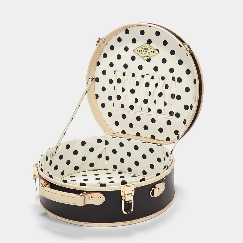 Open product view of the large hatbox Starlet fibreboard suitcase in black with polka-dot printed lining