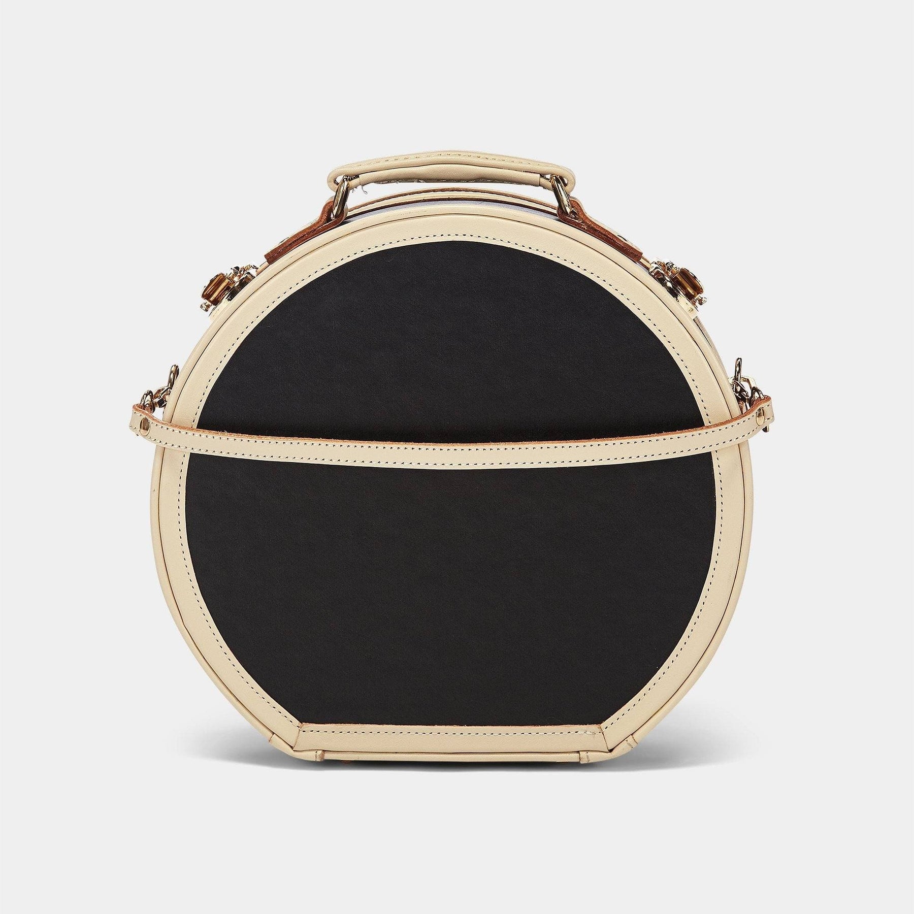 Product view of the small hatbox Starlet fibreboard suitcase in black with detachable suitcase strap