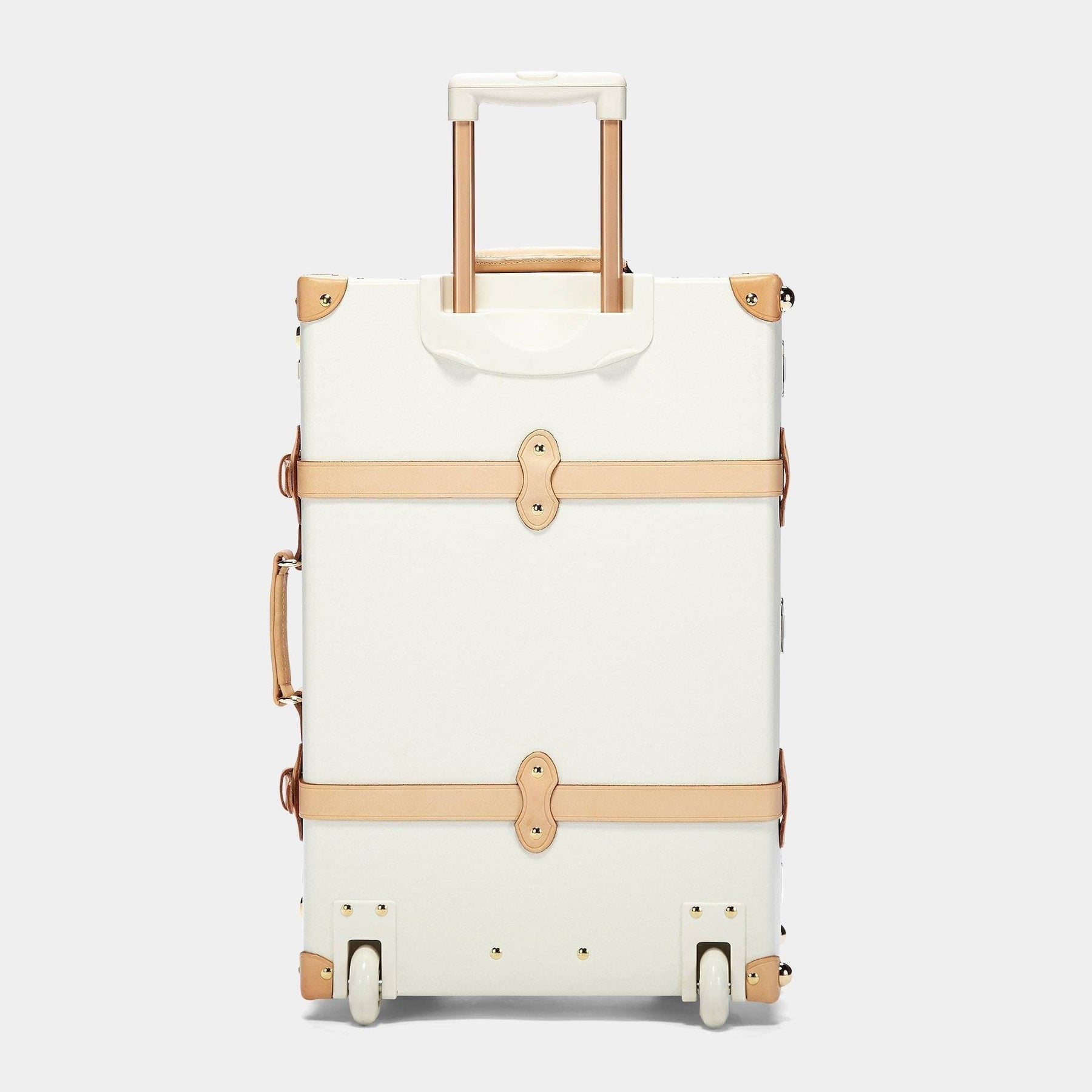 Back product view of the stowaway Sweetheart fibreboard suitcase in cream with raised handle