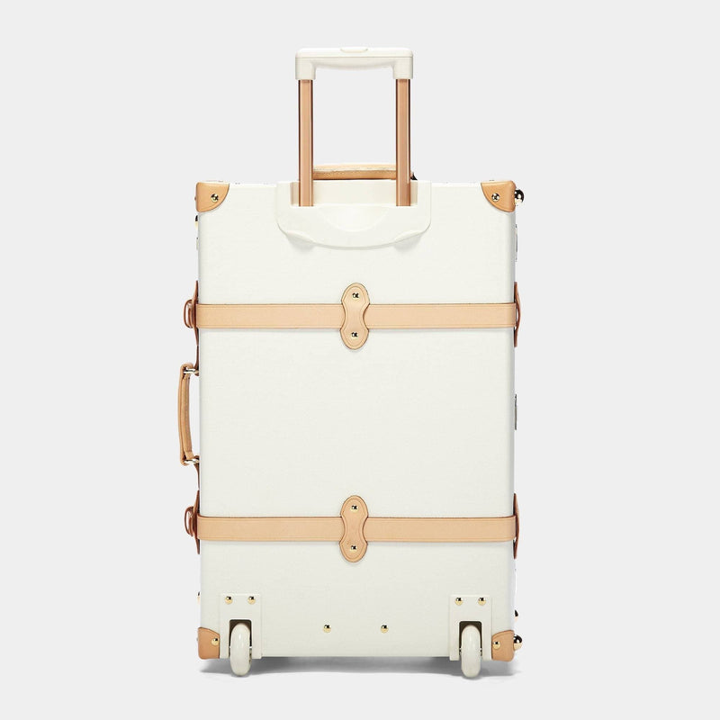 Back product view of the stowaway Sweetheart fibreboard suitcase in cream with raised handle