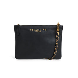 Front view of the Navigator leather crossbody in black with gold trims and chain strap