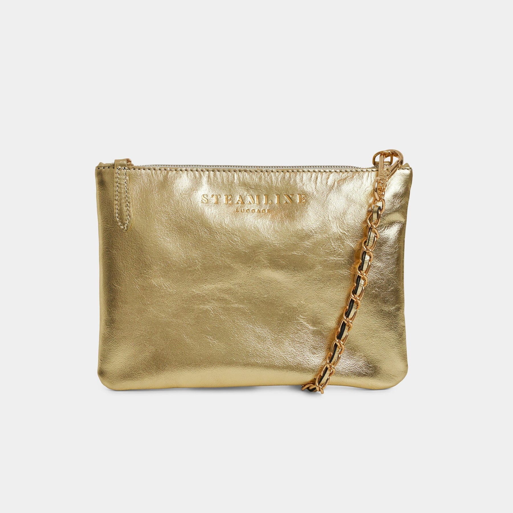 Front view of the Navigator leather crossbody in gold with gold trims and chain strap