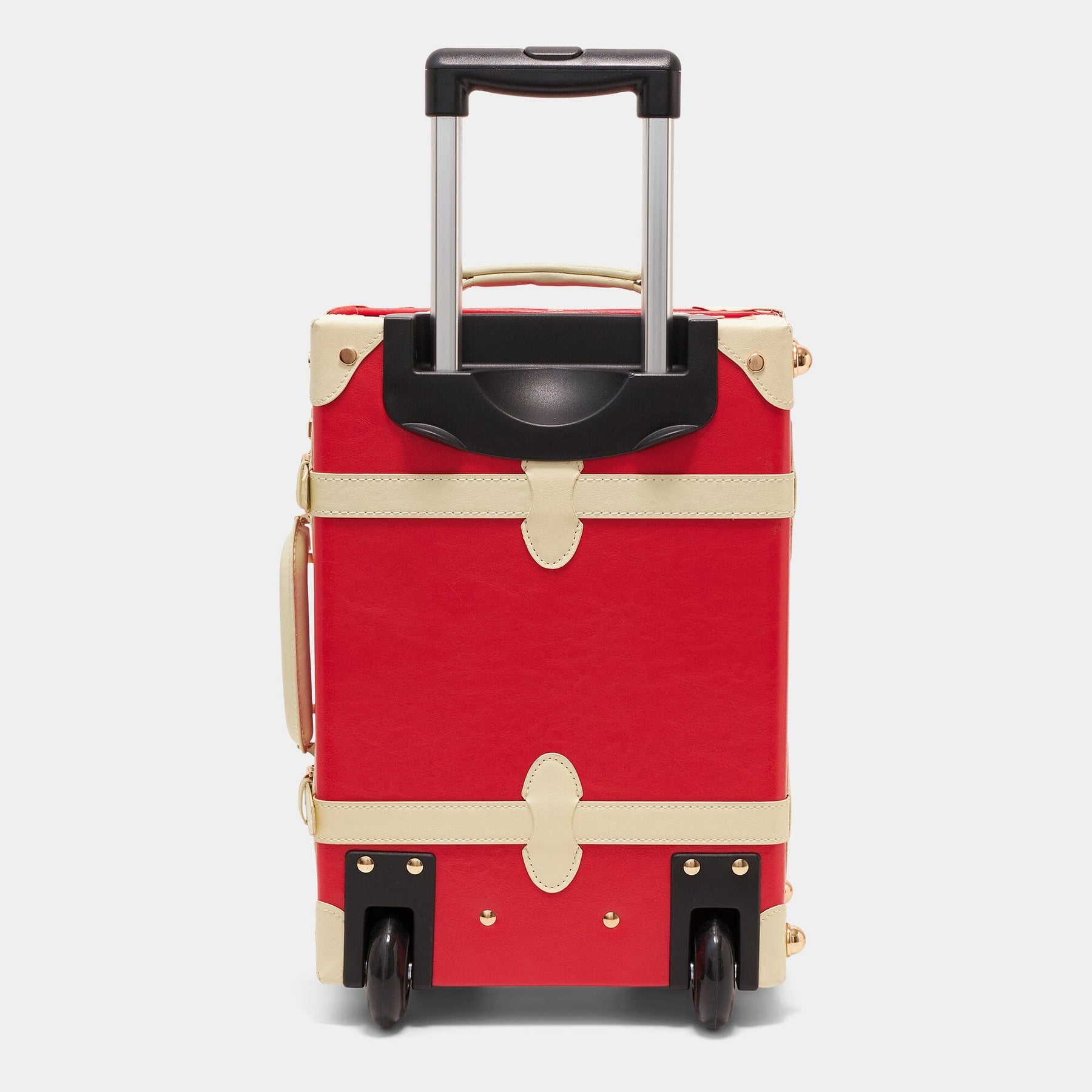 Back product view of the kids carry-on Entrepreneur vegan leather suitcase in lipstick red with raised handle