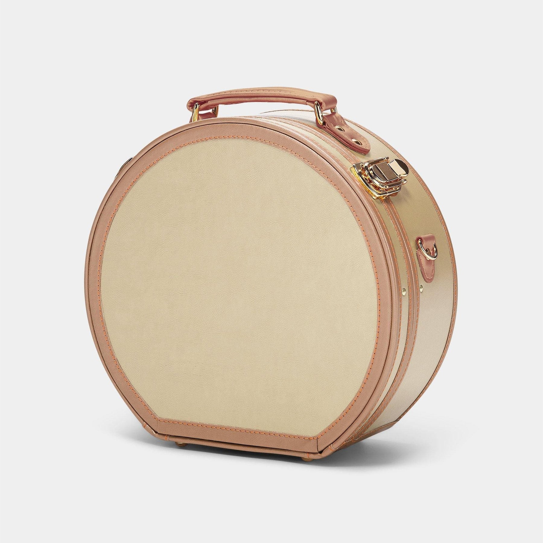 Angled product view of the small hatbox Alchemist vegan leather suitcase in gold