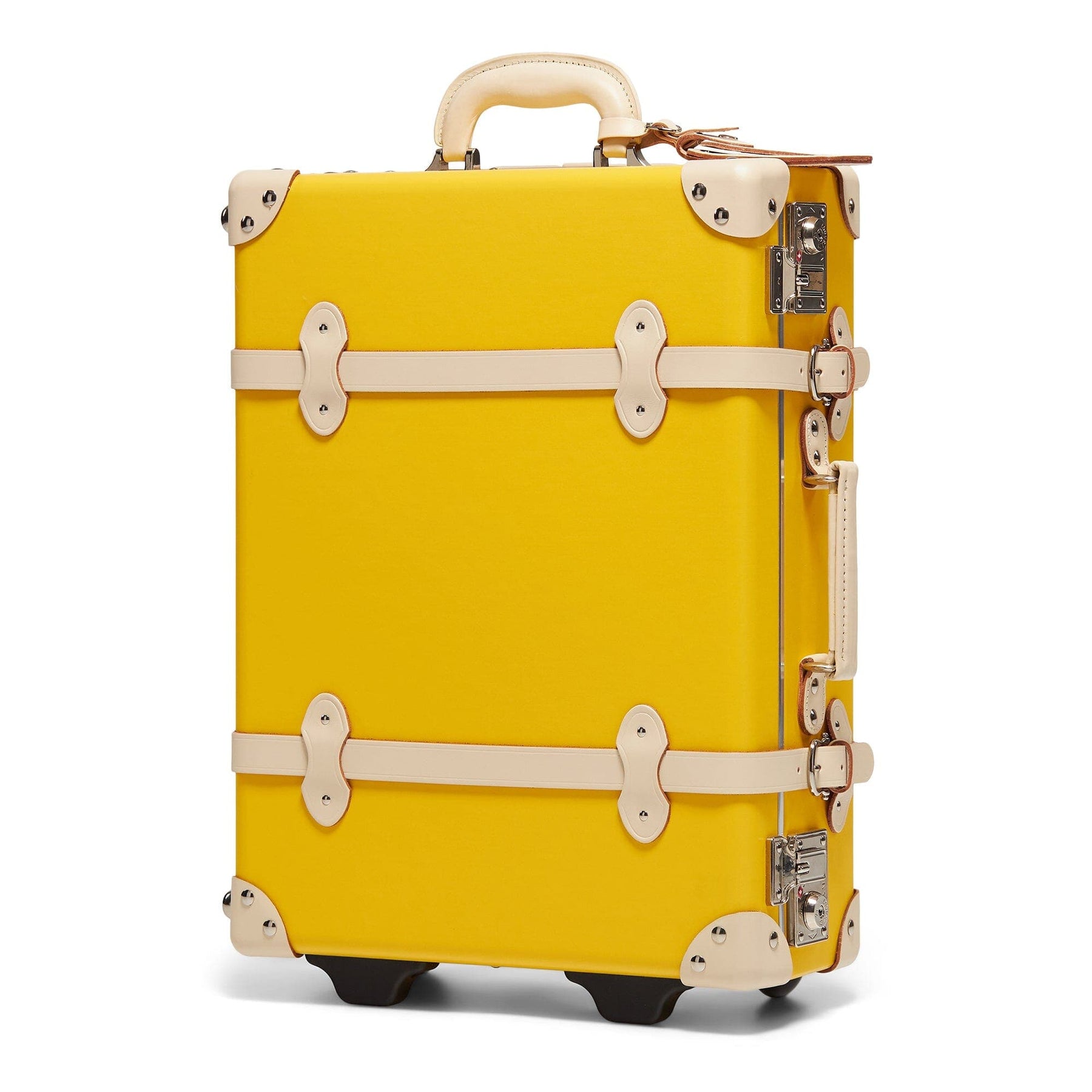 Angled product view of the carry-on Correspondent fibreboard suitcase in canary yellow