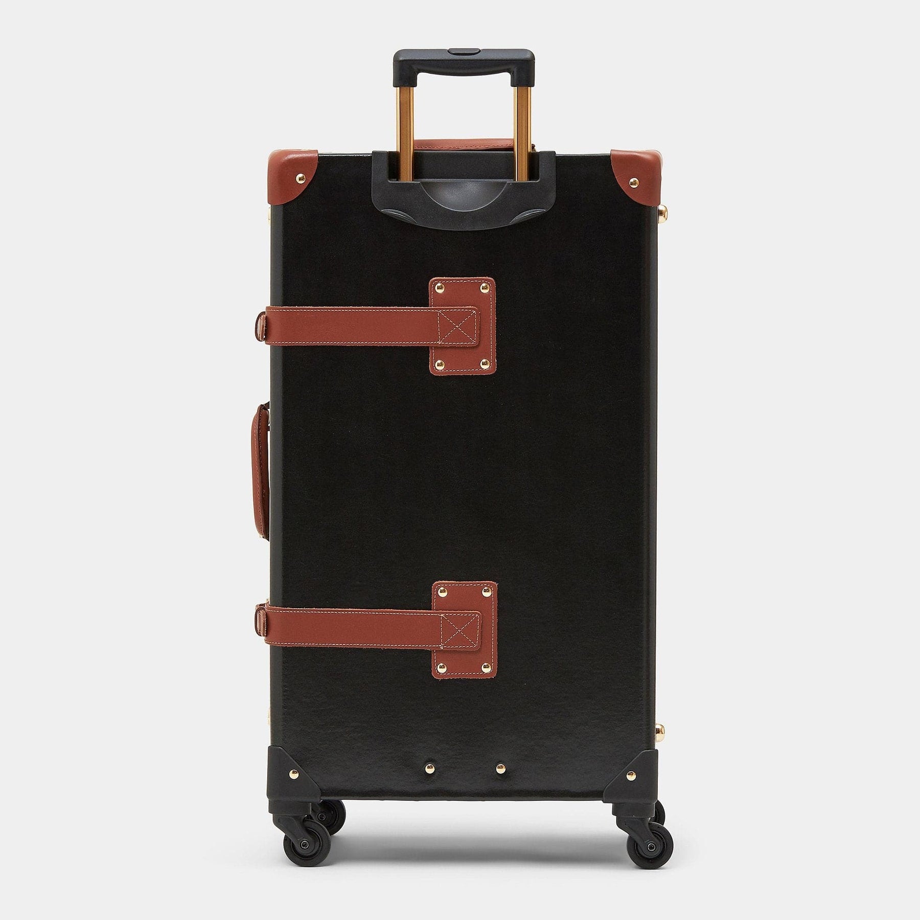 Back product view of the check-in Diplomat leather suitcase in black with raised handle