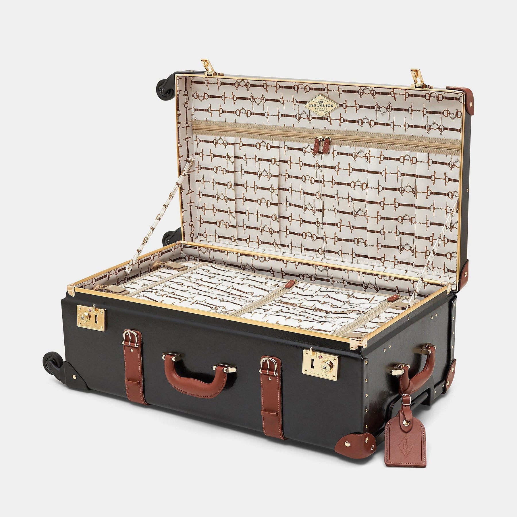 Open product view of the check-in Diplomat leather suitcase in black with snaffle-bit printed lining