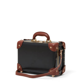 Angled product view of the vanity Diplomat leather suitcase in black with shoulder attachment strap