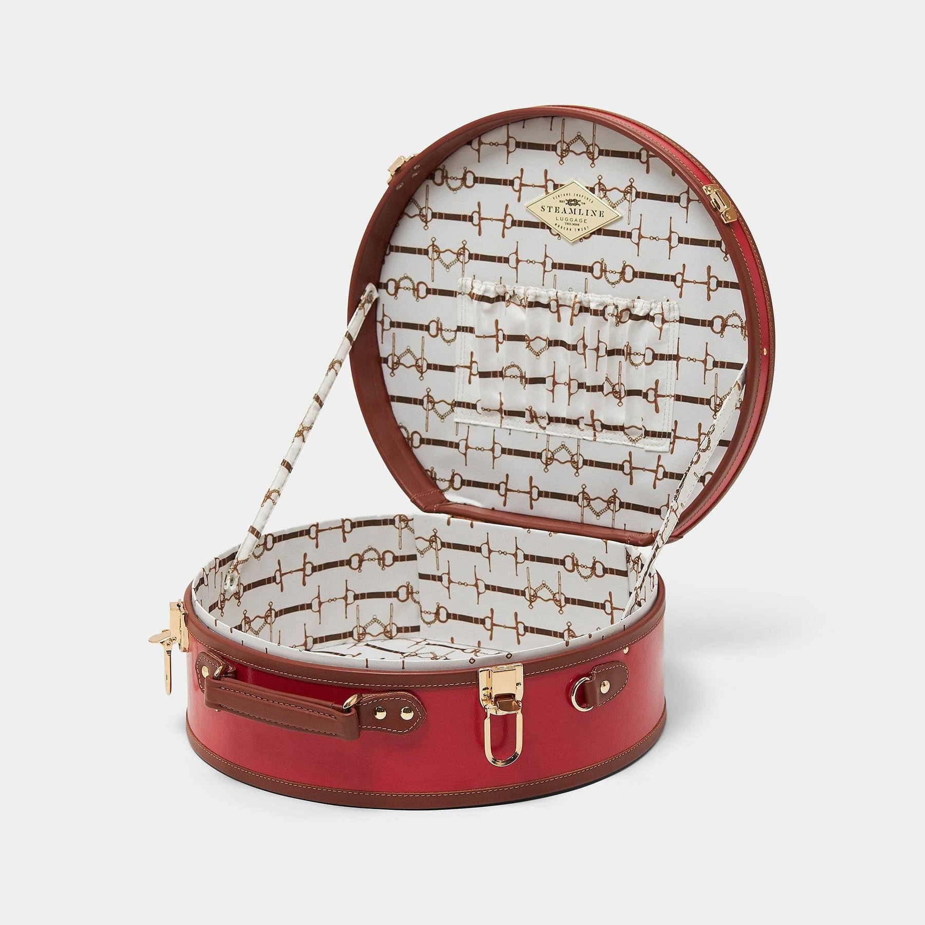 Open product view of the large hatbox Diplomat leather suitcase in red with snaffle-bit printed lining