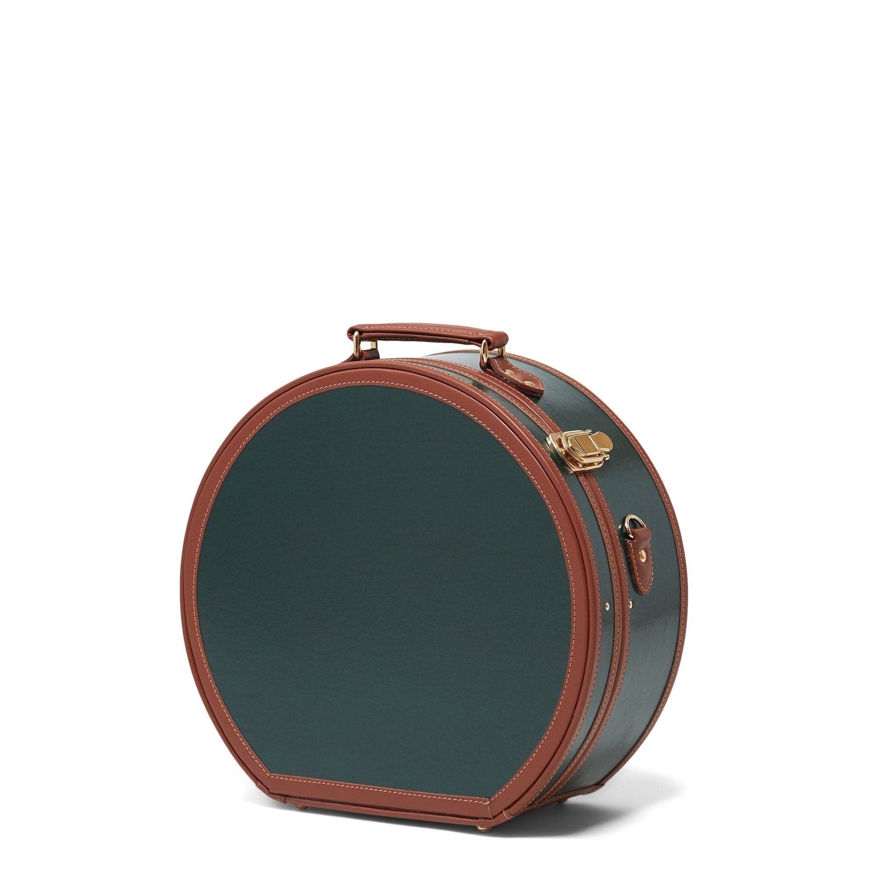 Angled product view of the large hatbox Diplomat leather suitcase in hunter green