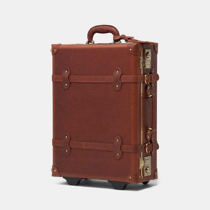 Angled product view of the carry-on Pioneer leather suitcase in brown