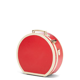 Angled product view of the large hatbox Entrepreneur vegan leather suitcase in lipstick red 