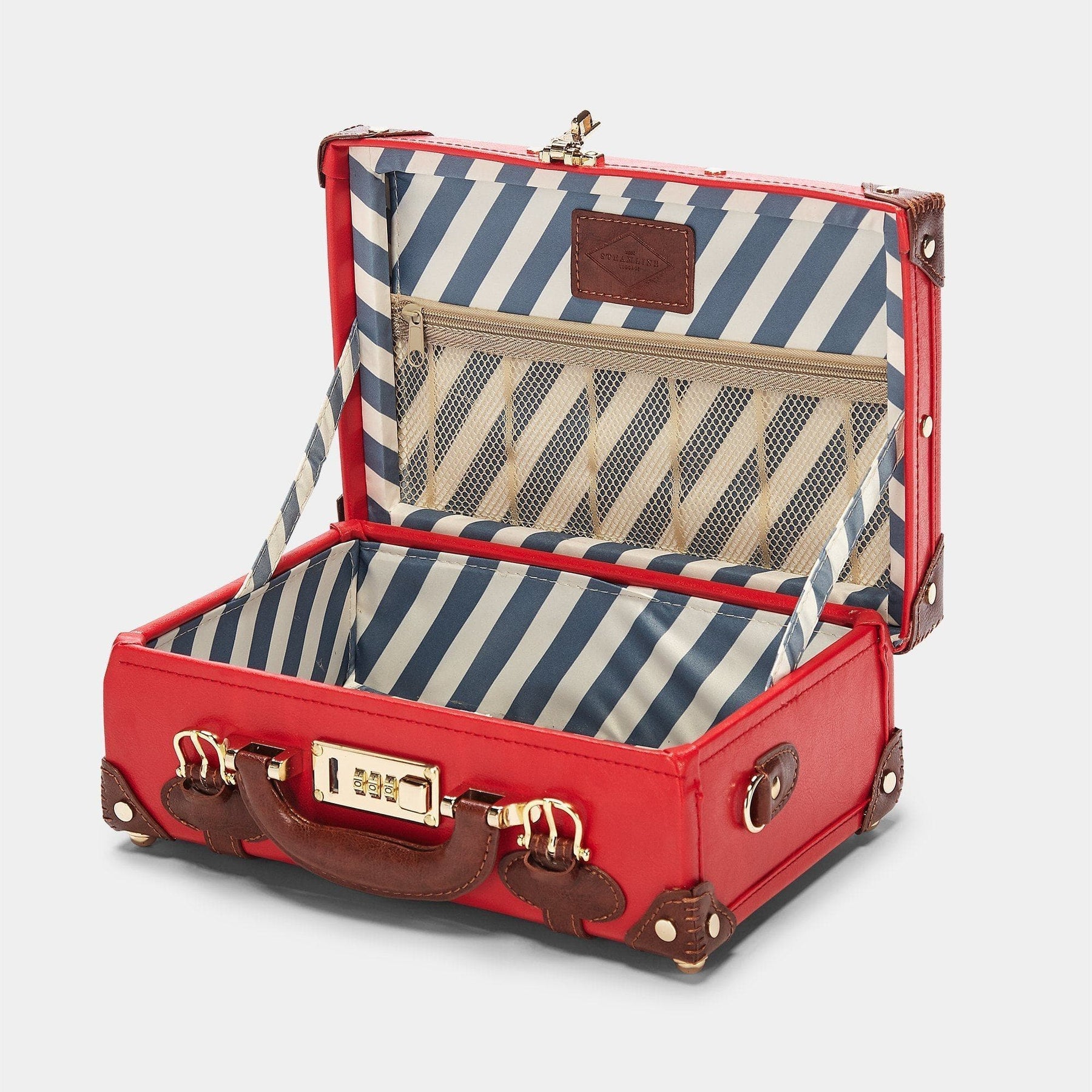 Open product view of the vanity Entrepreneur vegan leather suitcase in red with blue-white stripe print lining
