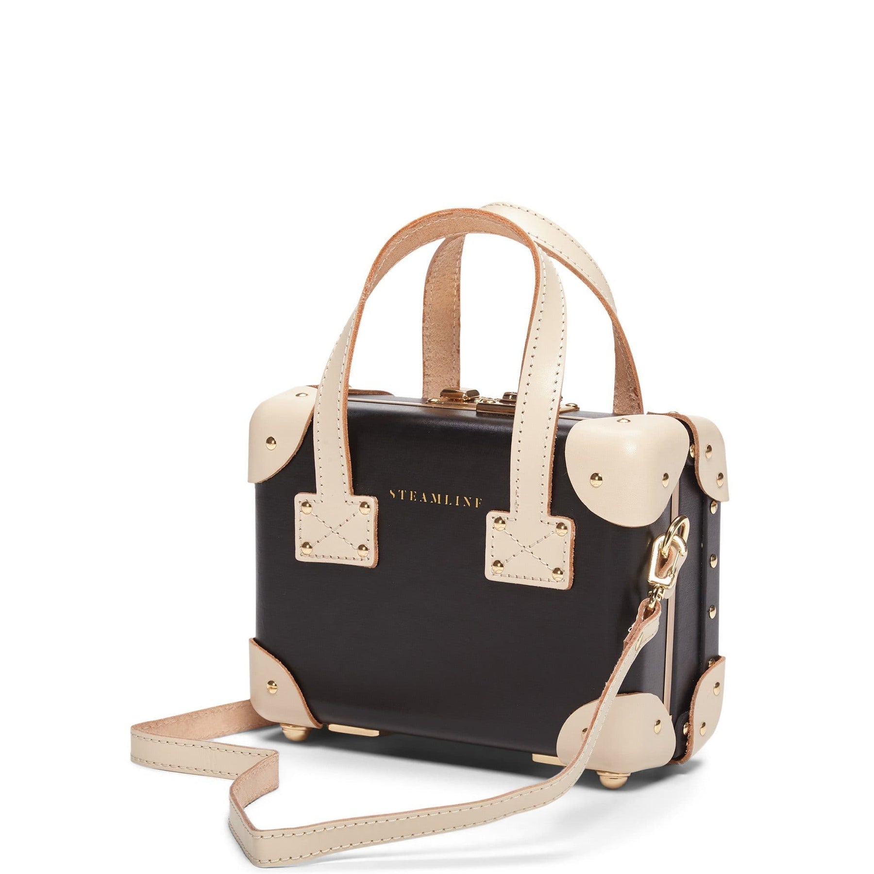 Angled product view of the mini Starlet fibreboard suitcase in black with shoulder attachment strap